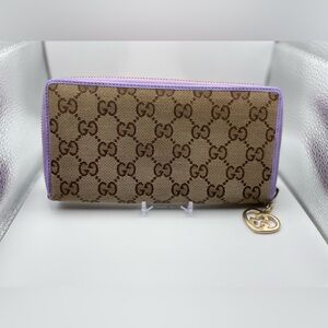 Gucci GG Canvas Purple Leather Zip Around Wallet 100% Authentic